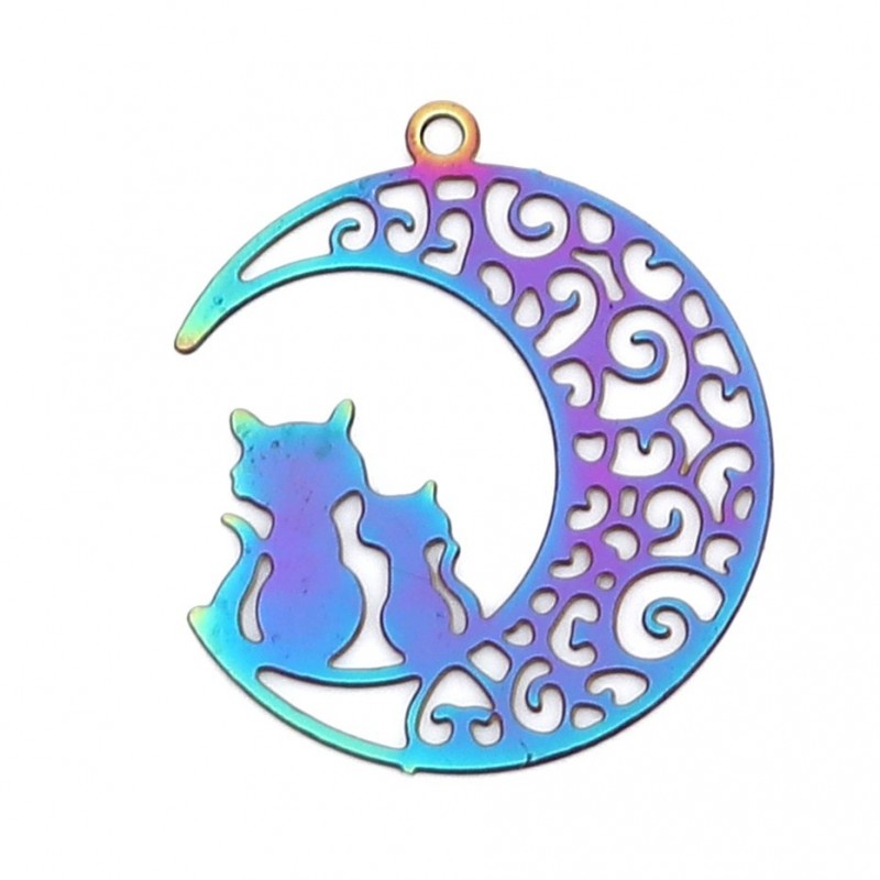 Breloque Chats Lune Filigrane Ajouré en Acier Inoxydable Coloré 22x20mm