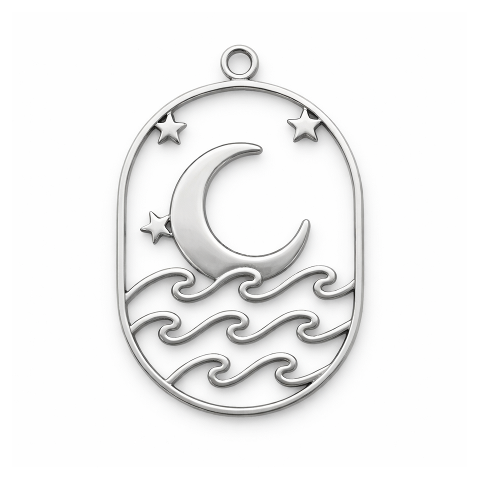 Breloque Lune Mer en Acier Inoxydable Argenté 31x20mm