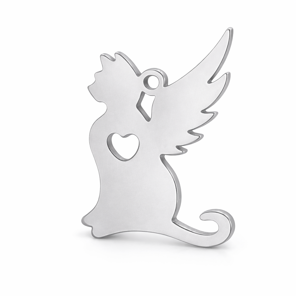 Breloque Chat Ailé en Acier Inoxydable Argenté 21x15mm