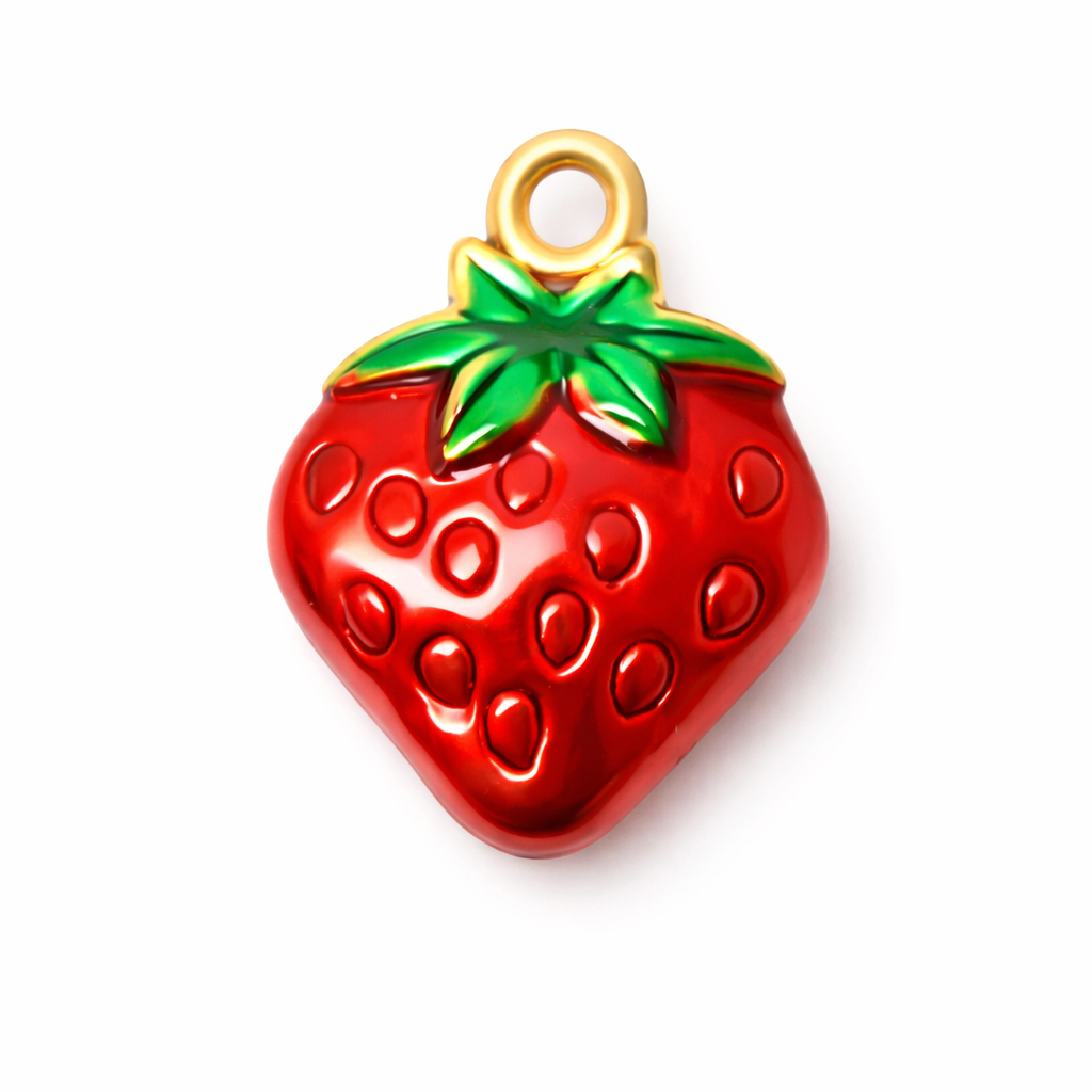 Breloque Fraise 3D en Émail Acier Inoxydable Doré 15x11mm