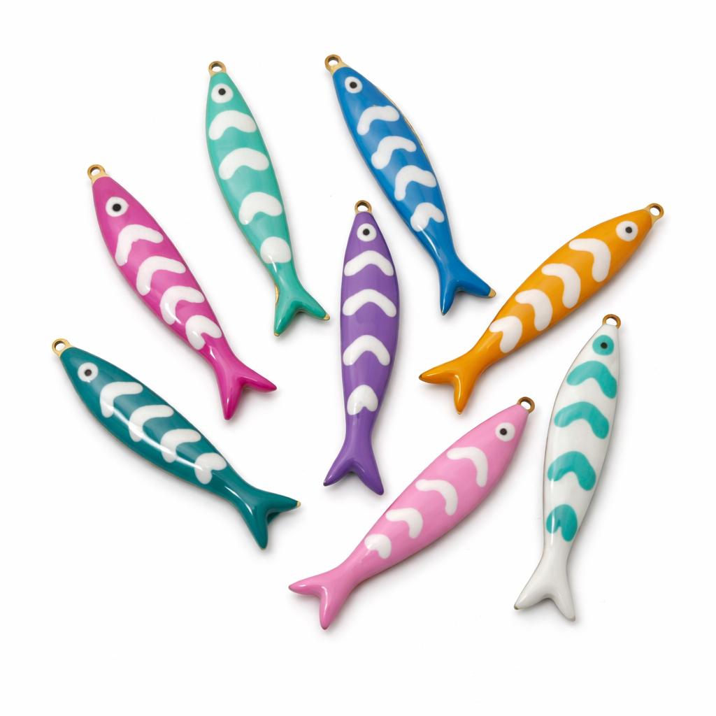 8 Breloques Poissons en Émail Acier Inoxydable Doré 40x8mm