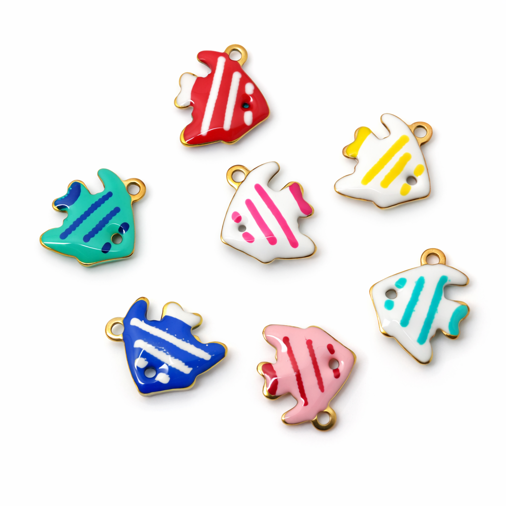7 Breloques Poissons en Émail Acier Inoxydable Doré 12x8mm