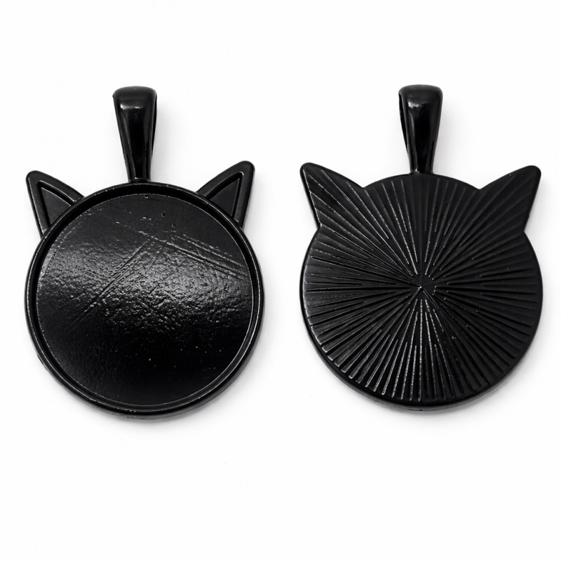 2 Supports Pendentif Noir Tête de Chat pour Cabochon 25mm