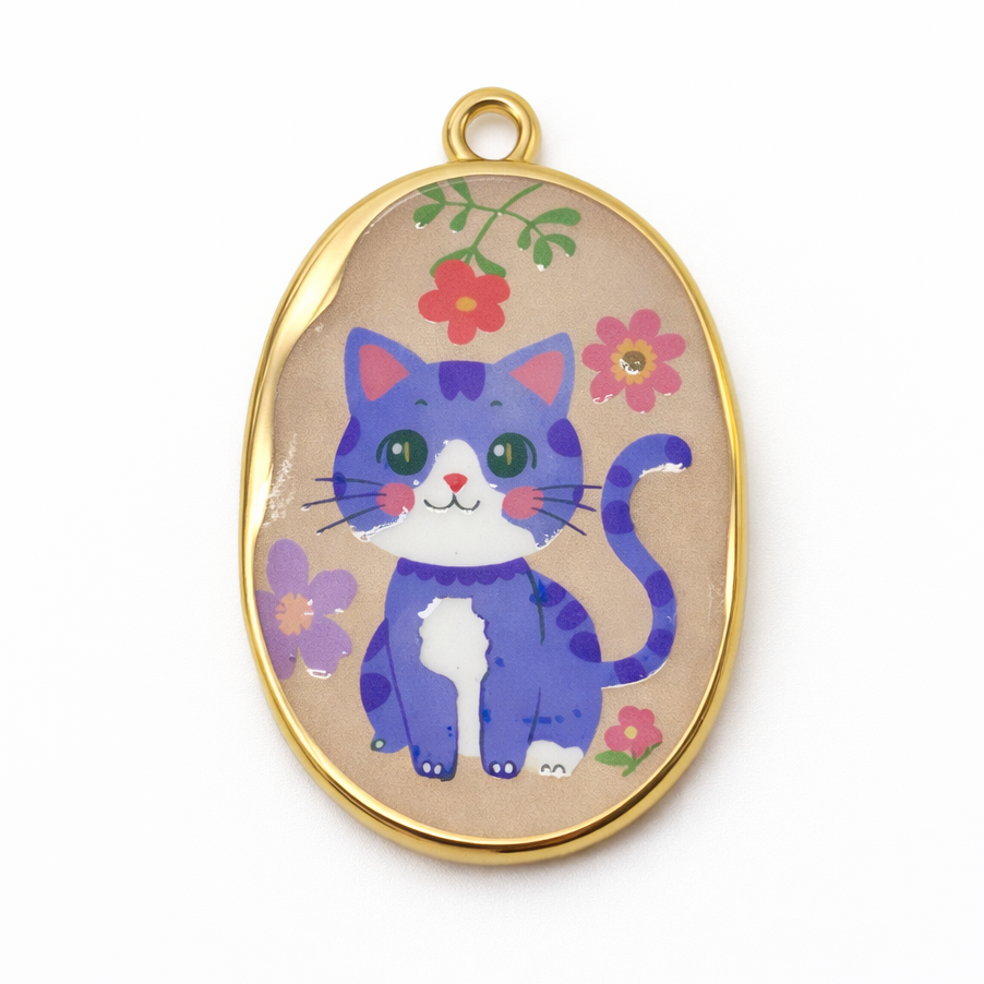Breloque Chat Émail Acier Inoxydable Doré 34x21mm
