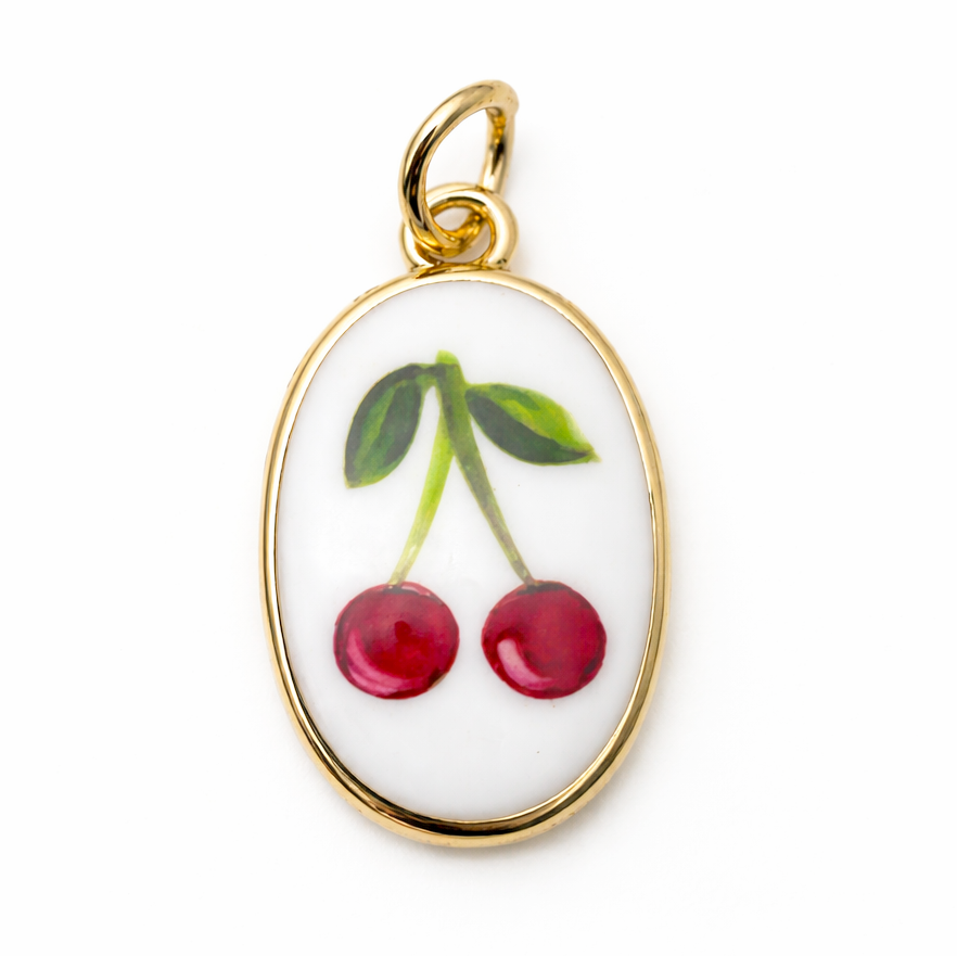 Breloque Cerises Rétro en Émail Acier Inoxydable Doré 23x13mm