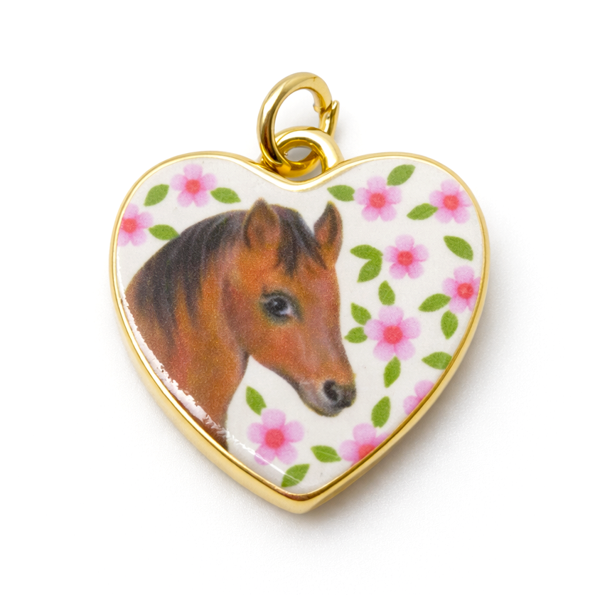 Breloque Coeur Cheval en Émail Acier Inoxydable Doré 16x16mm