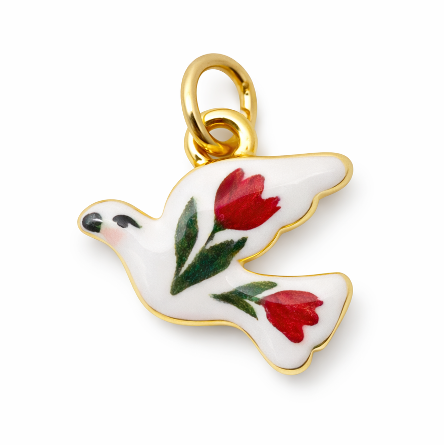 Breloque Oiseau Fleurs en Émail Acier Inoxydable Doré 14x13mm