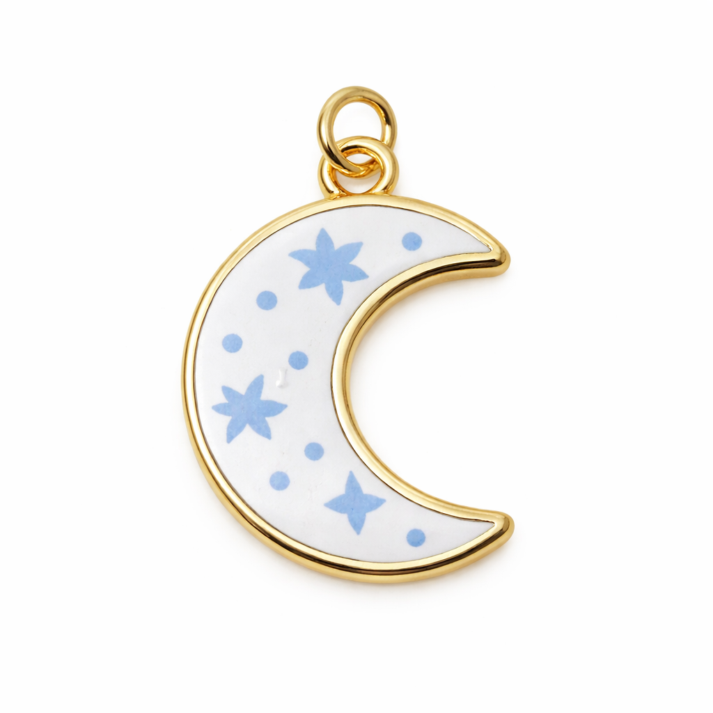 Breloque Lune Étoiles en Émail Acier Inoxydable Doré 20x15mm