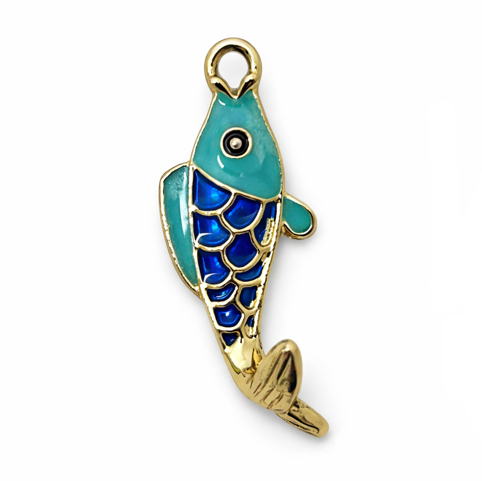 2 Breloques Poisson en Émail Bleu Métal Doré 27x11mm