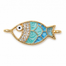 Connecteur Poisson en Émail Bleu Strass Métal Doré 28x13mm pour la Création de Bijoux Fantaisie - DIY
