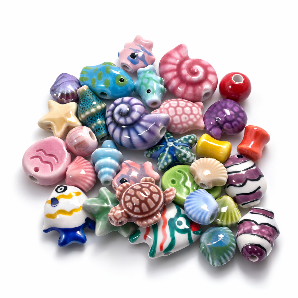 5 Perles en Céramique Colorées Coquillage Poisson Tortue Conque 11-20mm