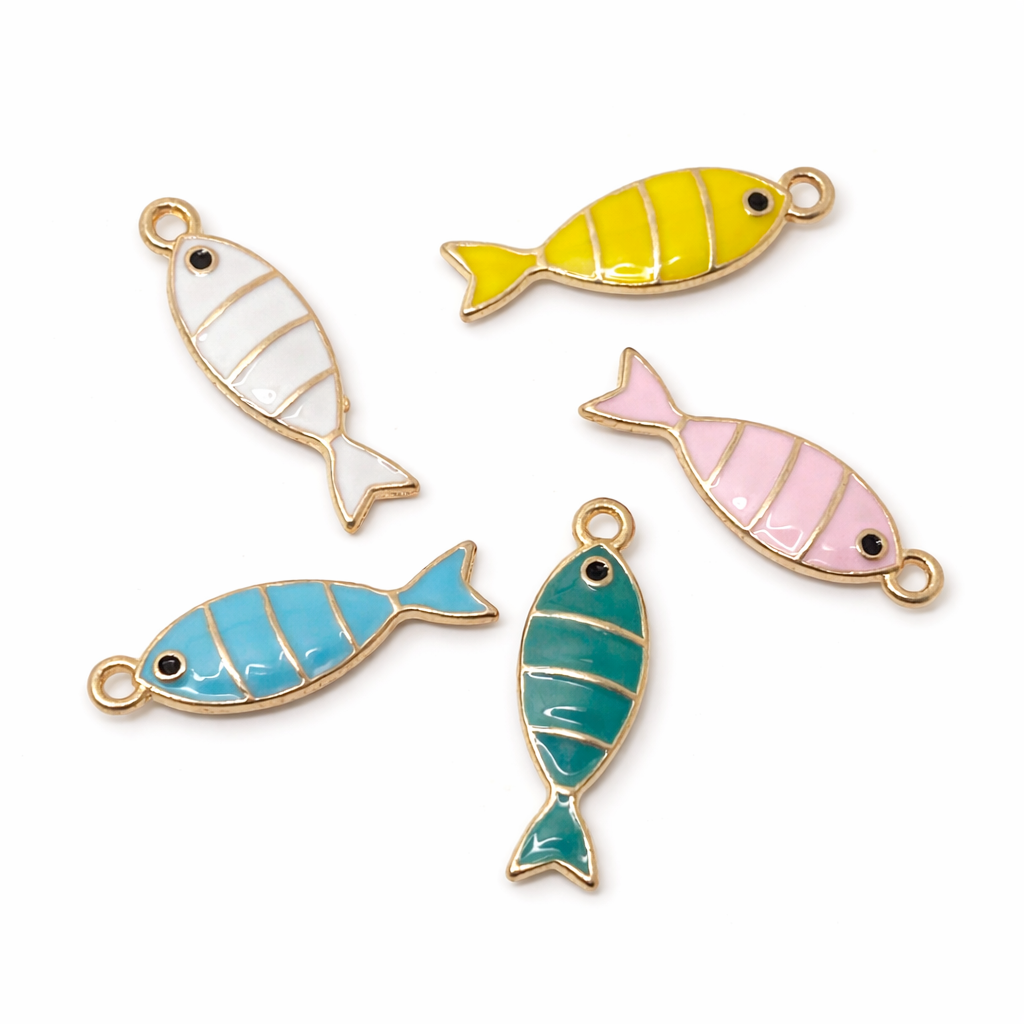 5 Breloques Poissons en Émail Acier Inoxydable Doré 23x7mm