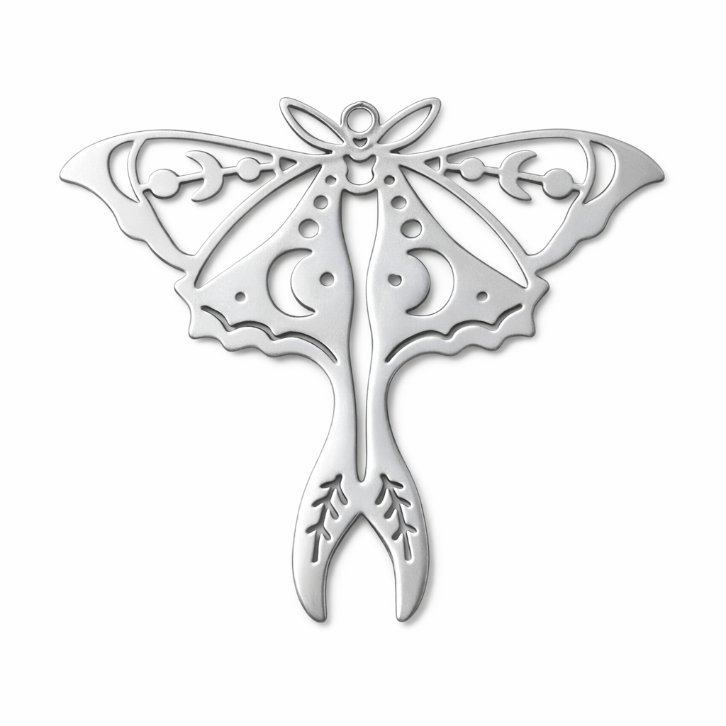 Breloque Papillon Lunaire en Acier Inoxydable Argenté 39x35mm