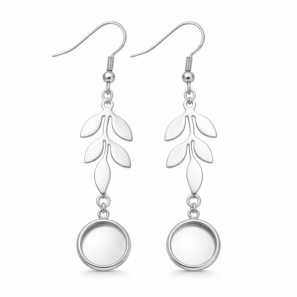 1 Paire de Support Boucle d'Oreille Feuilles en Acier Inoxydable Argenté pour Cabochon 10mm