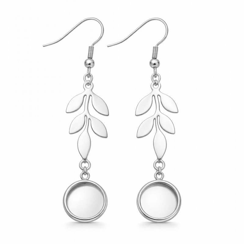 1 Paire de Supports Boucles d'Oreilles Feuilles en Acier Inoxydable Argenté pour Cabochon 10mm