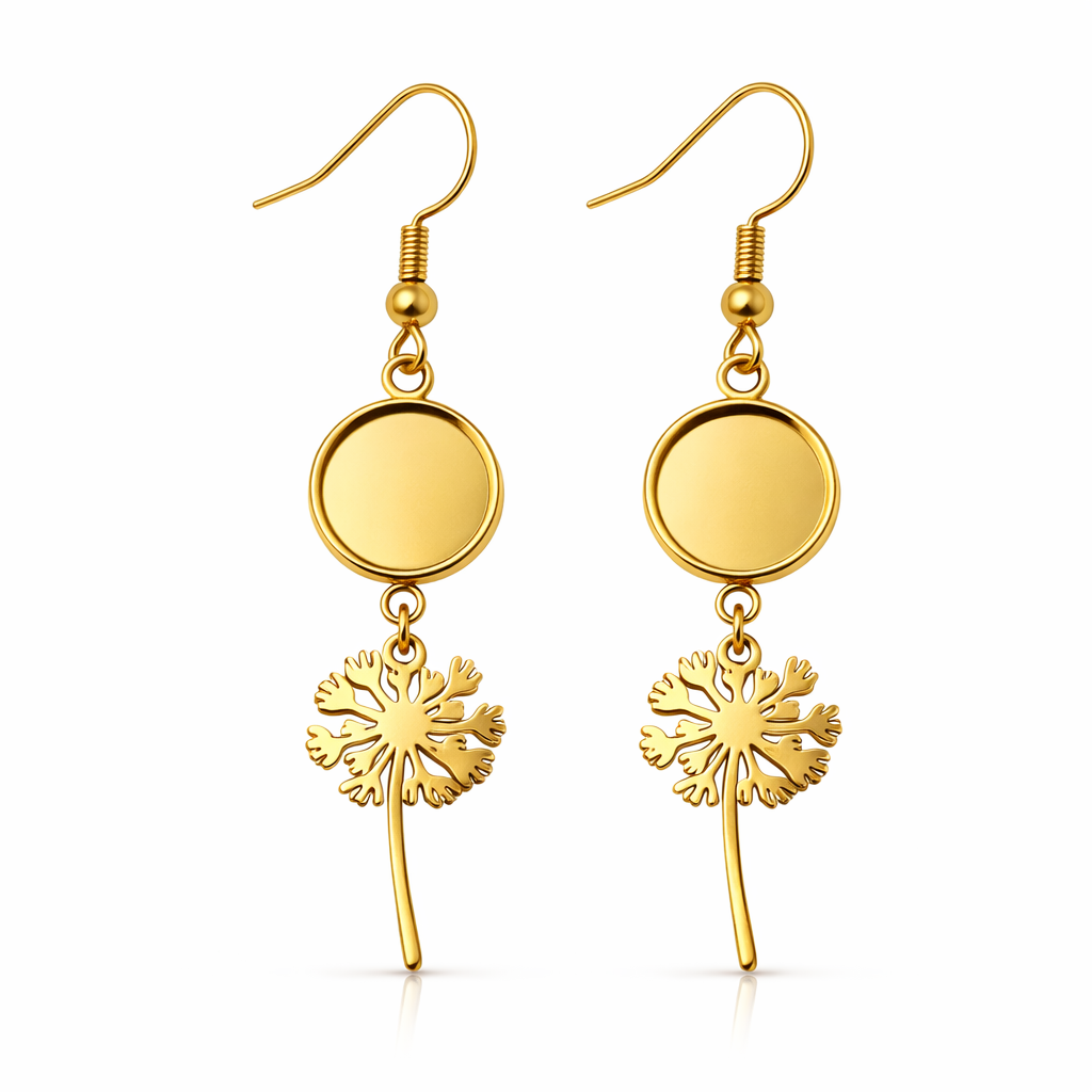 1 Paire de Support Boucle d'Oreille Pissenlit en Acier Inoxydable Doré pour Cabochon 10 ou 12mm