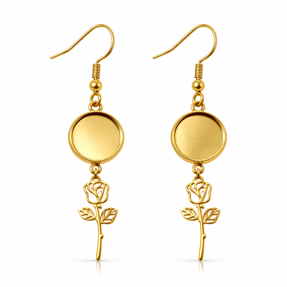 1 Paire de Support Boucle d'Oreille Rose en Acier Inoxydable Doré pour Cabochon 10 ou 12mm