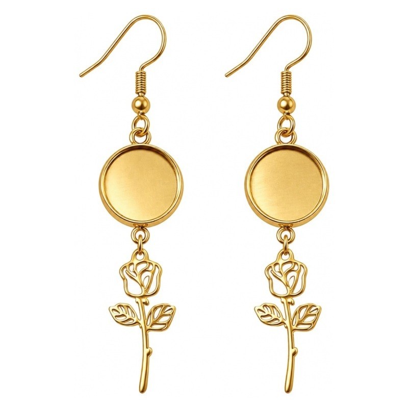 1 Paire de Supports Boucles d'Oreilles Rose en Acier Inoxydable Doré pour Cabochon 10 ou 12mm