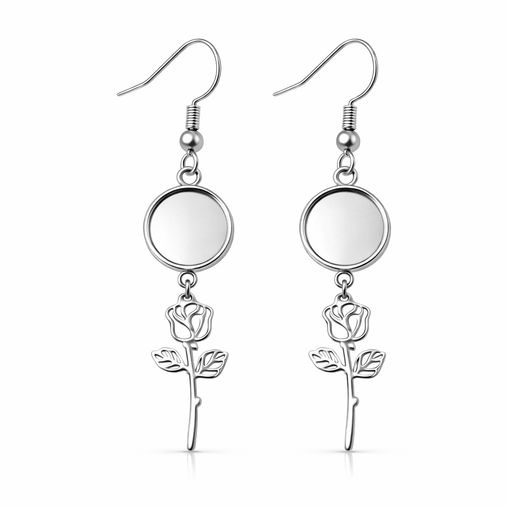 1 Paire de Support Boucle d'Oreille Rose en Acier Inoxydable Argenté pour Cabochon 12mm