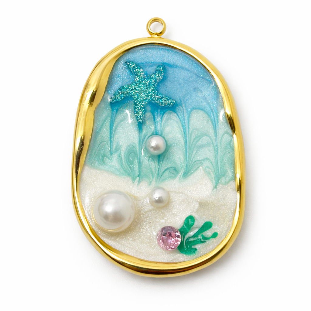 Breloque Étoile de Mer Perles en Émail Acier Inoxydable Doré 32x22mm