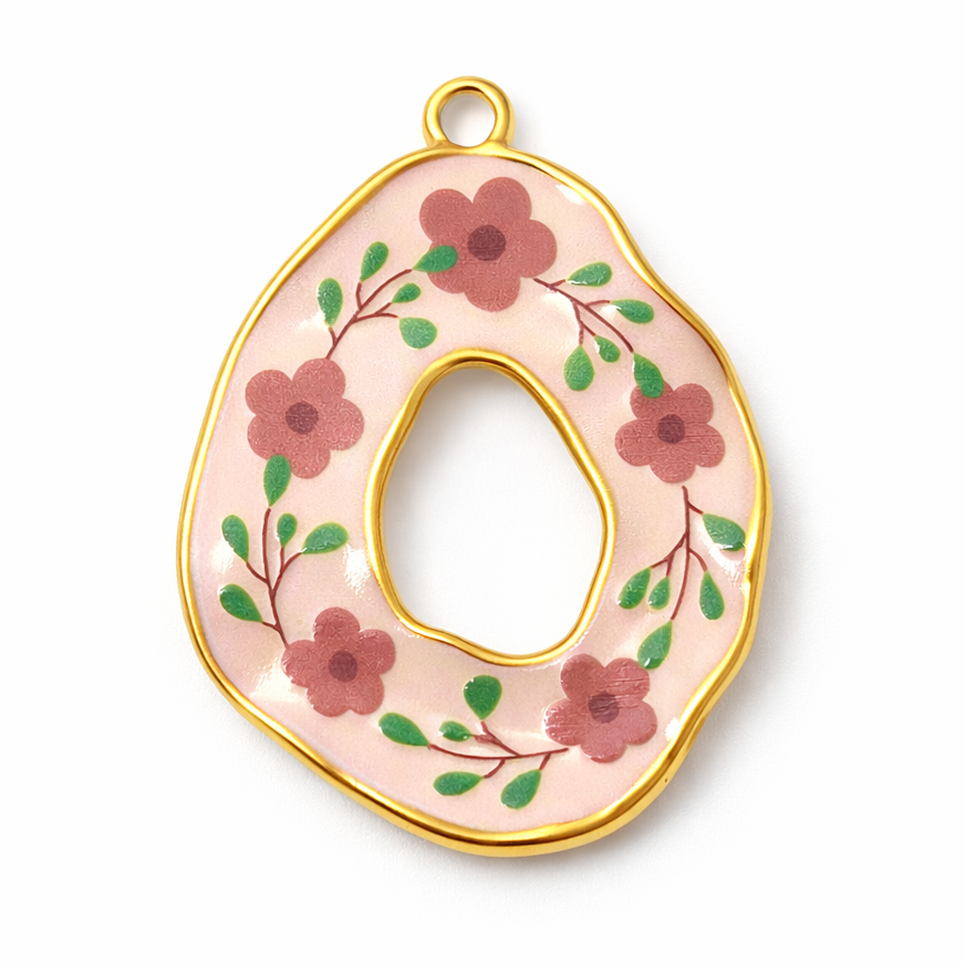 Breloque Couronne de Fleurs en Émail Acier Inoxydable Doré 34x24mm