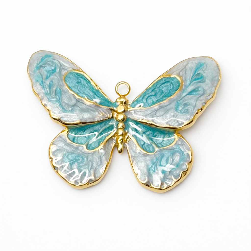 Breloque Papillon en Émail Bleu Acier Inoxydable Doré 29x22mm