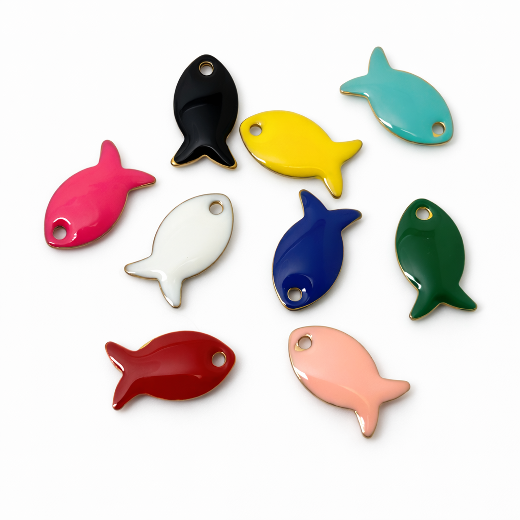 9 Breloques Poissons en Émail Coloré Métal Doré 14x8mm