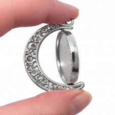 Support Pendentif Lune Rotatif Double Face Argenté pour Cabochon 25mm