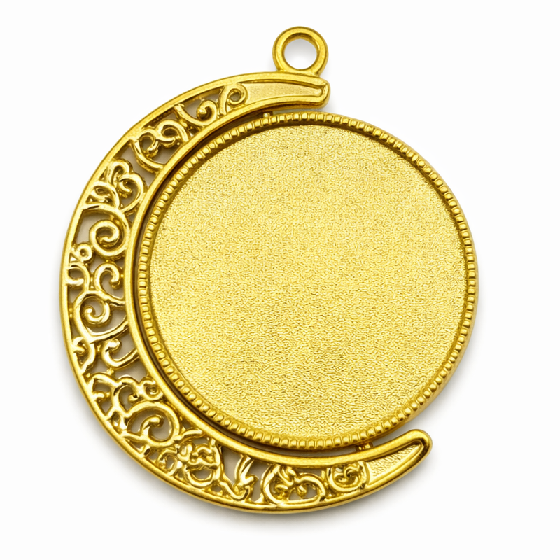 Support Pendentif Lune Rotatif Mobile Double Face Doré pour Cabochon 25mm