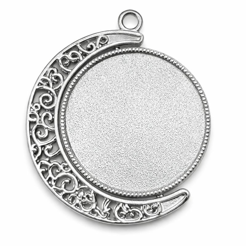 Support Pendentif Lune Rotatif Mobile Double Face Argenté pour Cabochon 25mm