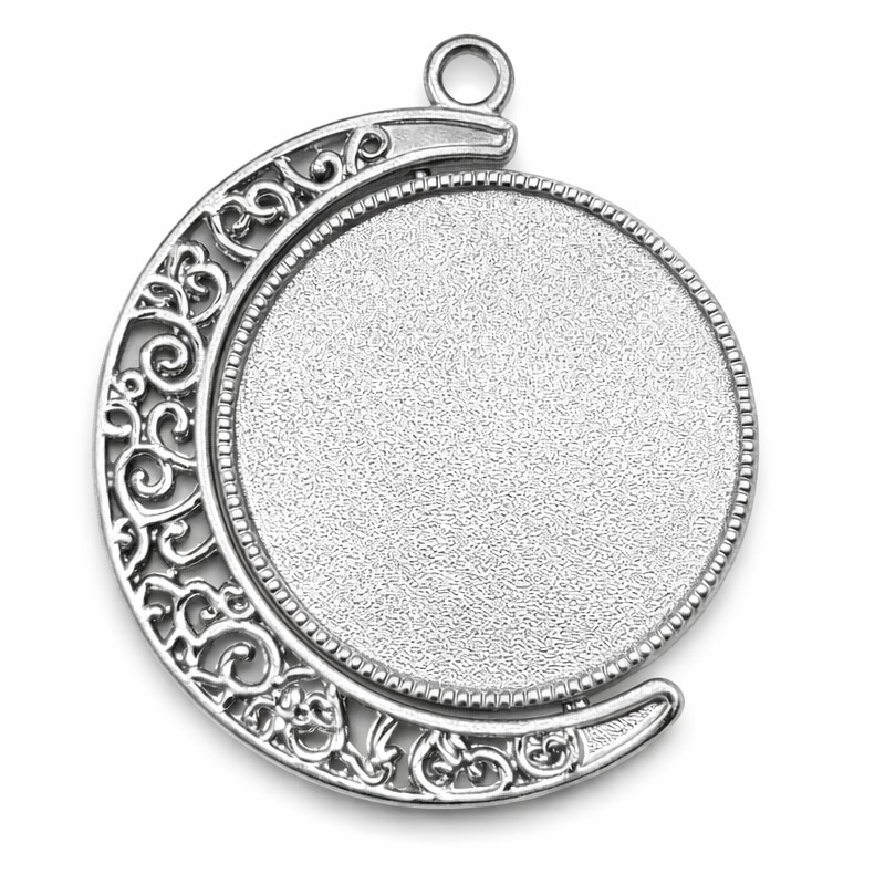 Support Pendentif Lune Rotatif Double Face Argenté pour Cabochon 25mm