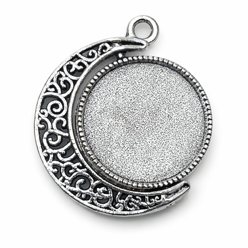 Support Pendentif Lune Rotatif Mobile Double Face Argenté pour Cabochon 18mm