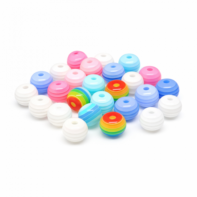 10 Perles Rondes Rayées Multicolores en Acrylique 8mm