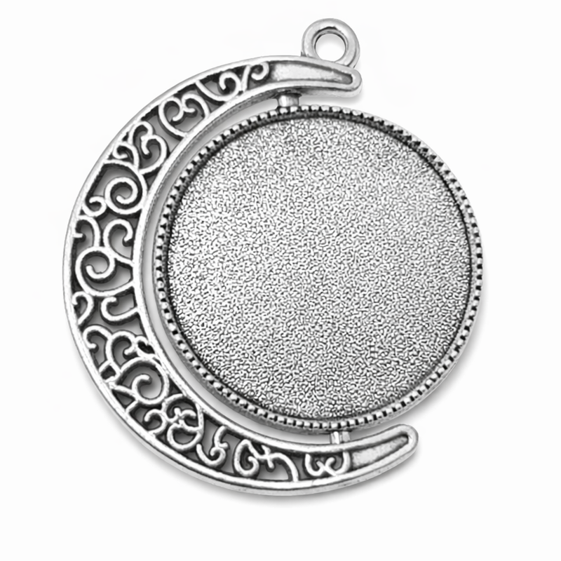 Support Pendentif Lune Rotatif Mobile Double Face Argenté pour Cabochon 20mm