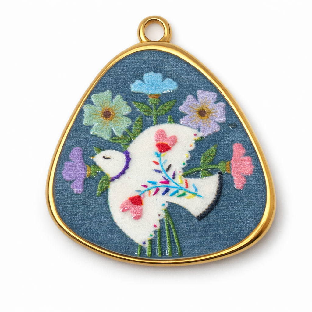 Breloque Oiseau Fleurs en Émail Acier Inoxydable Doré 30x26mm
