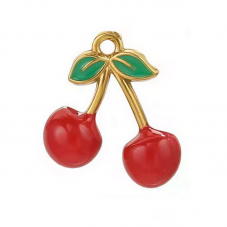 Breloque Cerise 3D en Acier Inoxydable Doré et Émail 16x15mm pour la Création de Bijoux Fantaisie - DIY