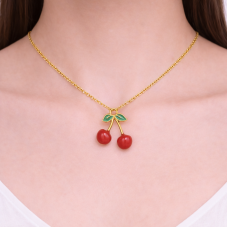 Breloque Cerise 3D en Acier Inoxydable Doré et Émail 16x15mm