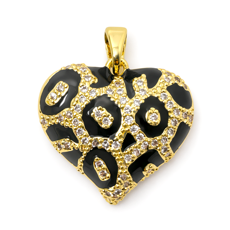 Breloque Coeur en Émail Noir et Zircon Métal Doré 23x20mm