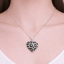 Breloque Coeur en Émail Noir et Zircon Métal Argenté 23x20mm