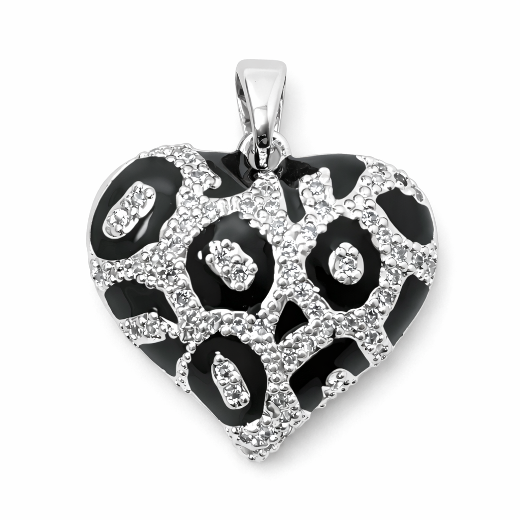 Breloque Coeur en Émail Noir et Zircon Métal Argenté 23x20mm