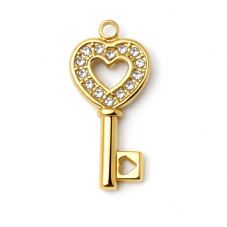 Breloque Clé en Acier Inoxydable Doré avec Strass 19x9mm pour la Création de Bijoux Fantaisie - DIY