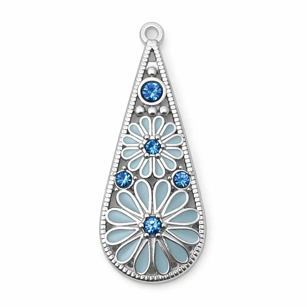 Breloque Goutte Fleurs en Émail et Strass Métal Argenté 42x17mm