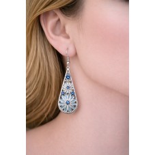 Breloque Goutte Fleurs en Émail et Strass Métal Argenté 42x17mm
