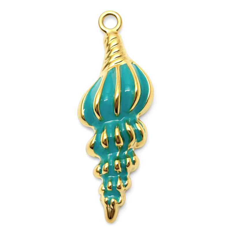 Breloque Coquillage Stylisé en Émail Turquoise Acier Inoxydable Doré 37x12mm