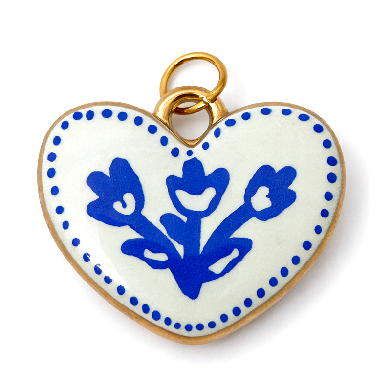 Breloque Coeur Fleurs Bleues Vintage en Émail Acier Inoxydable Doré 25x20mm