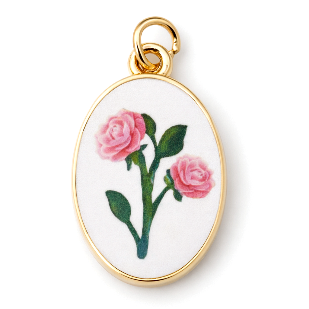 Breloque Bouquet Fleuri Rose 3D en Émail Métal Doré 23x14mm