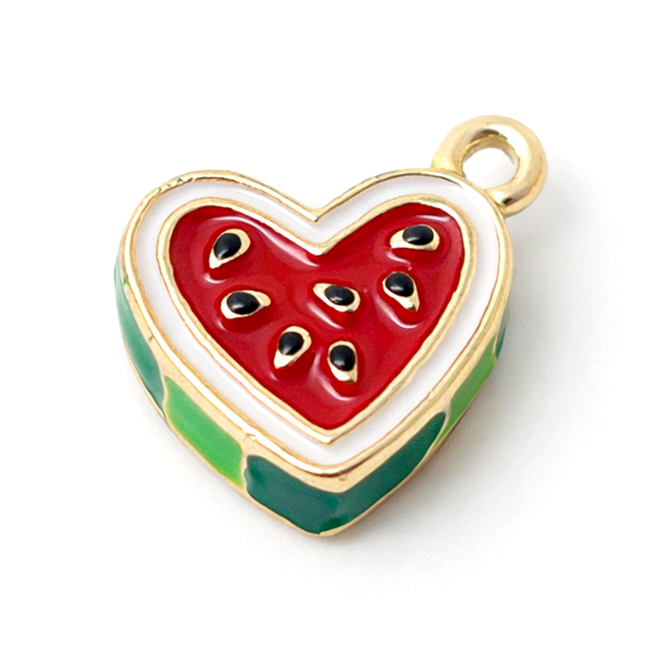 Breloque Pastèque Coeur en Émail Métal Doré 13x11mm