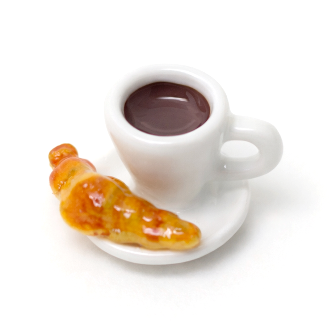 Breloque Tasse de Café et Croissant en Émail Métal Blanc 15x8mm