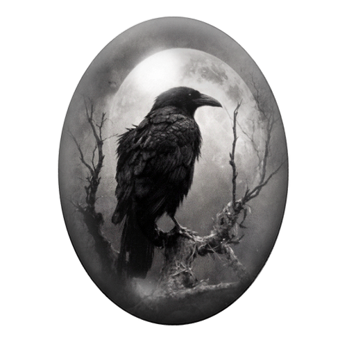 Cabochon en Verre Illustré Corbeau Lune Gothique 13x18, 18x25 ou 30x40mm