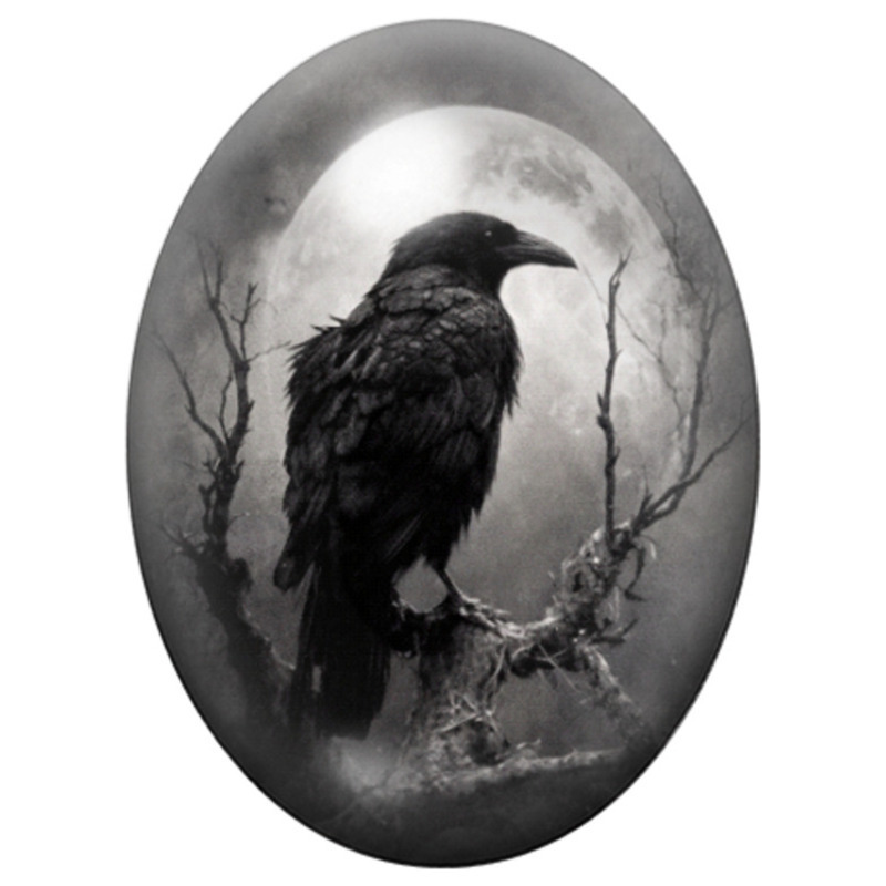 Cabochon en Verre Illustré Corbeau sous la Pleine Lune 13x18, 18x25 ou 30x40mm